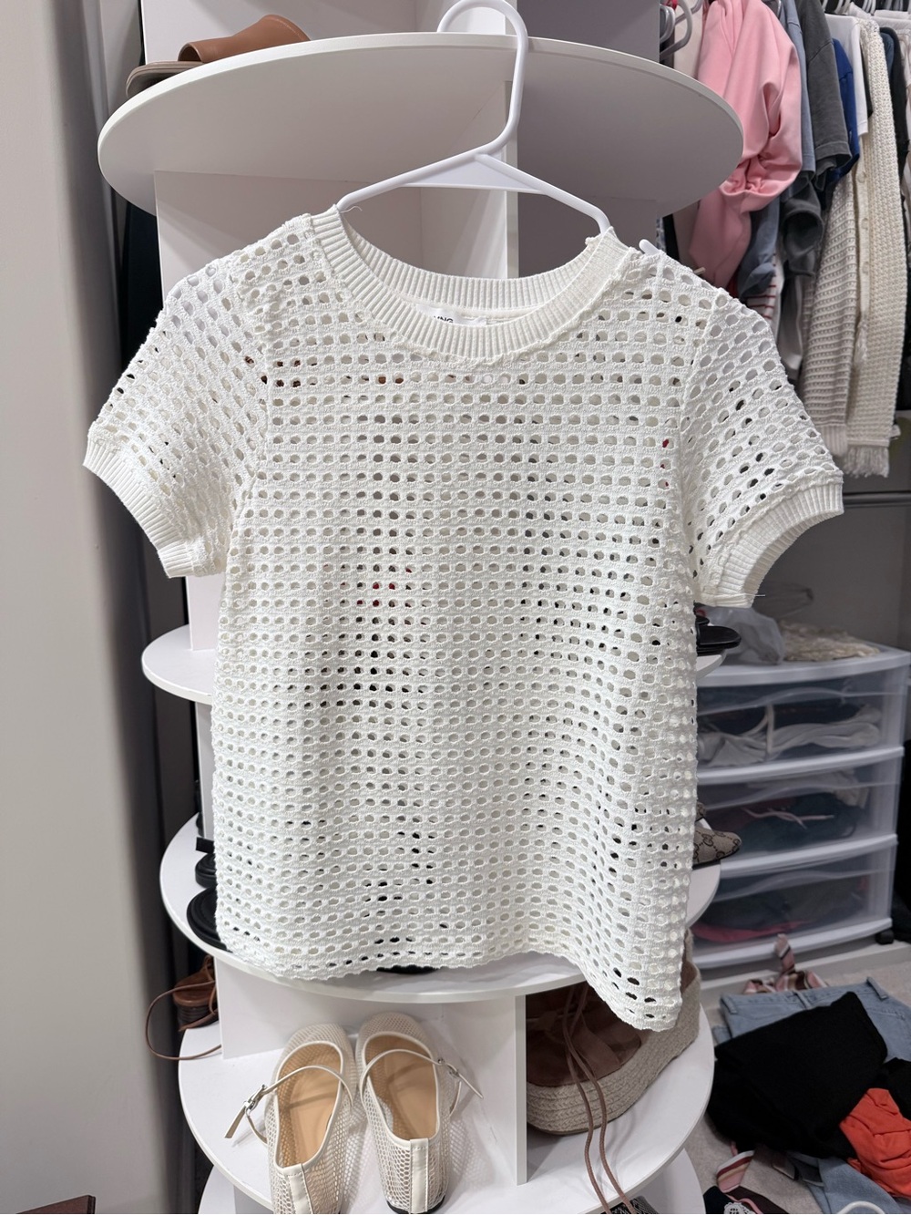 NWOT Mango White Open-Knit Short Sleeve Tee
